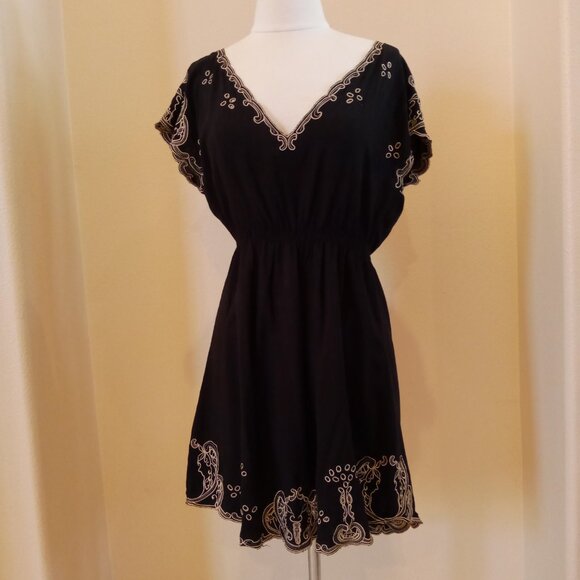 Atmosphere Black w/ Gold Embroidery & Cutwork Summer Dress  Size UK 10/38 US 6 - Picture 1 of 7